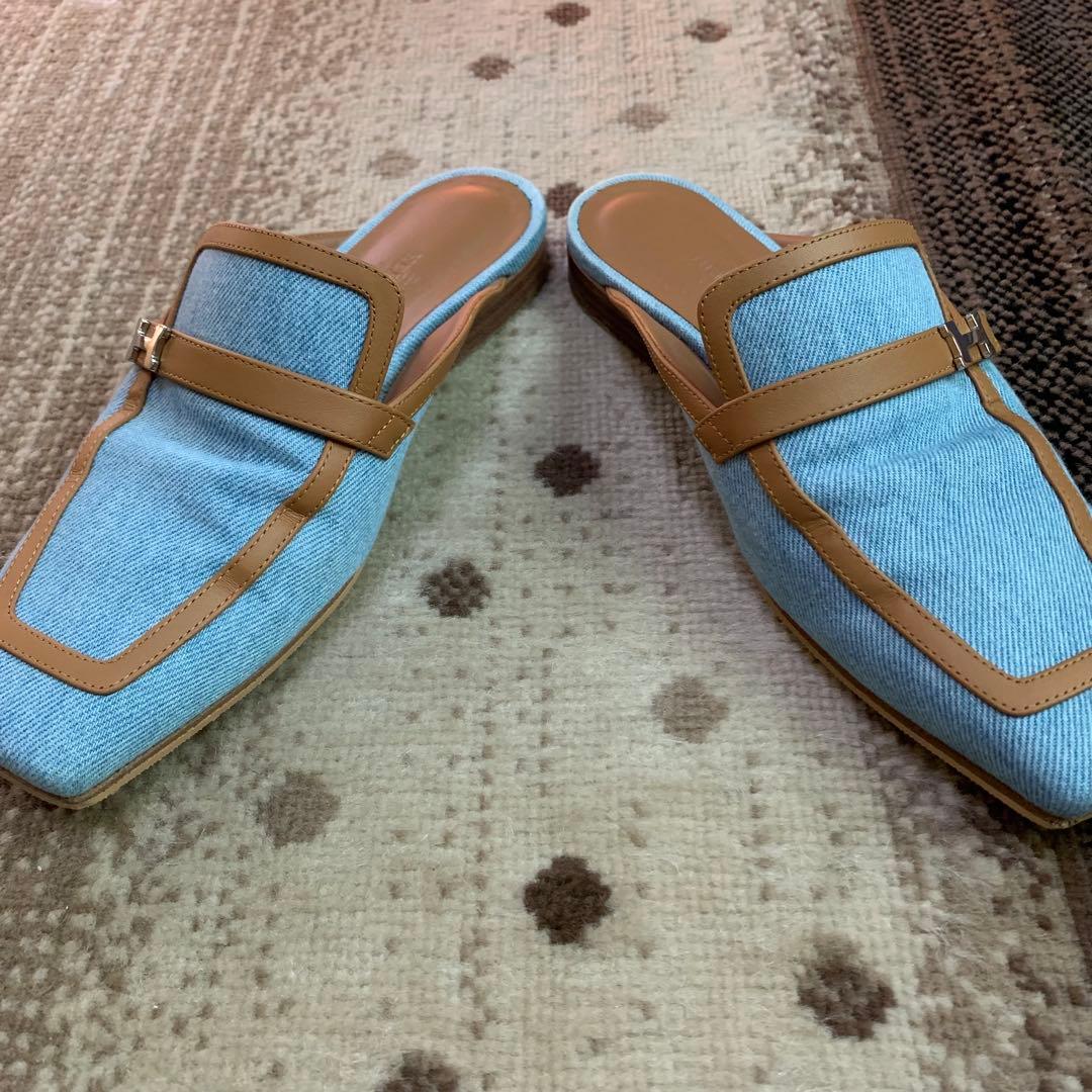 HERMES エルメス グルーピー デニム レザー サンダル 35 22.5cm