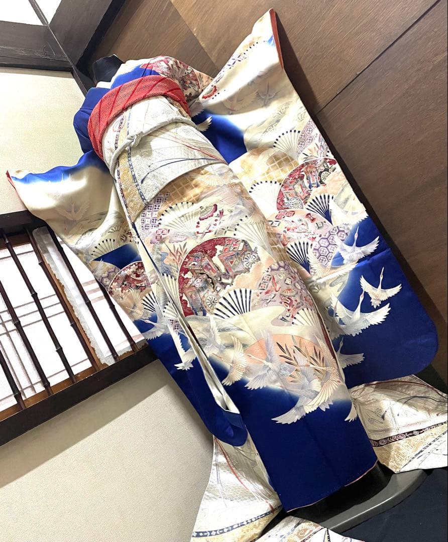 振袖フルセット6点サイズS〜M 駒刺繍　御所車飛鶴花文　暈し染め　金彩　正絹
