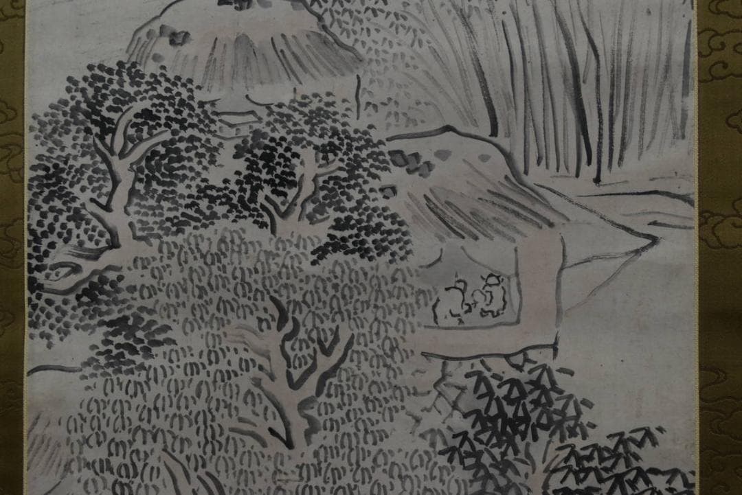 【真作】僧愛石/竹林山水人物図/掛軸/名家伝来/Z-967