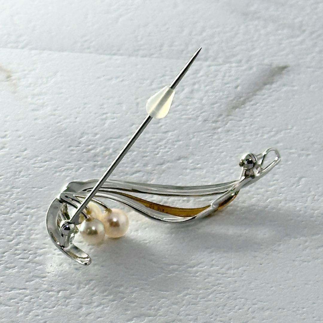 TASAKI　タサキ　3珠　パール付　コンビ　ブローチ　シルバー　K18