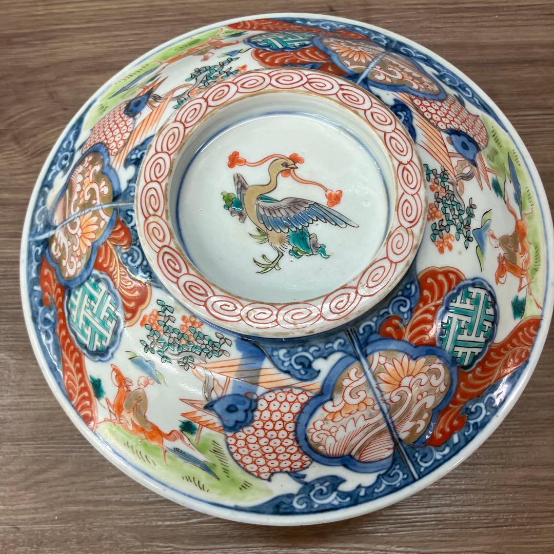 D-4 アンティーク 蓋付き 染付 錦手 鳳凰文様 鉢 時代物 骨董 古美術 丼