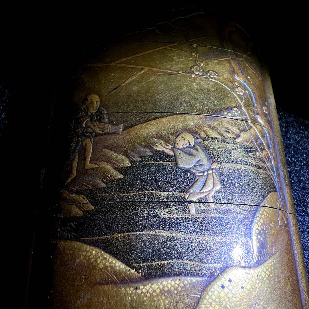 江戸時代　極上蒔絵山水人物画五段印籠、木彫根付　木箱付　東Y8-0128☆2F