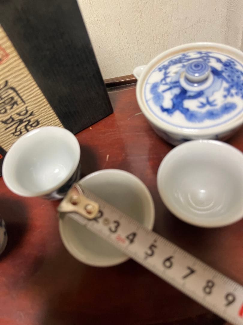 煎茶道具　松竹梅　九谷焼　染付 松竹梅　煎茶器セット　5客　花輪型湯冷　時代