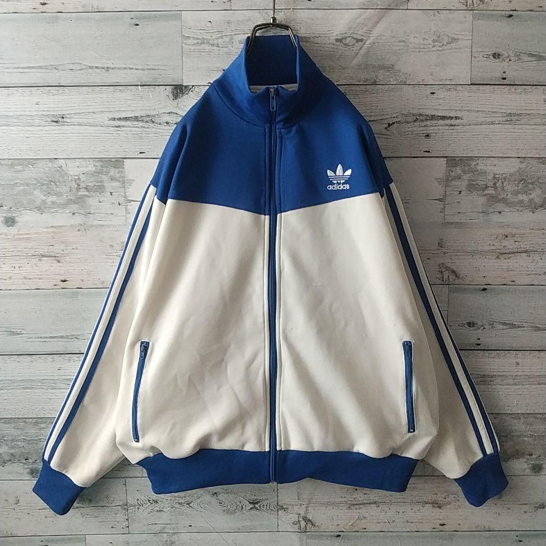 人気カラー☆90s アディダス 刺繍ロゴ トラックジャケット L 白×青