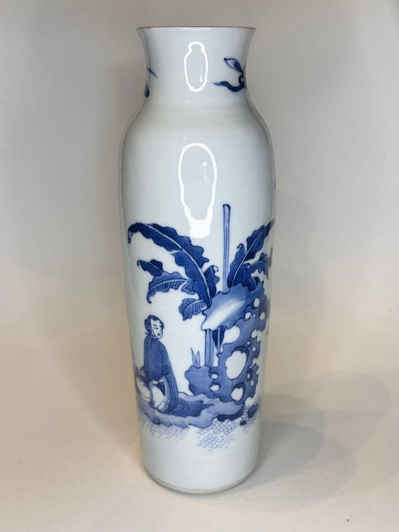 明代青花染付 人物文 花瓶 文物商店ラベル付 底部に封蝋あり 中国古陶磁 骨董品