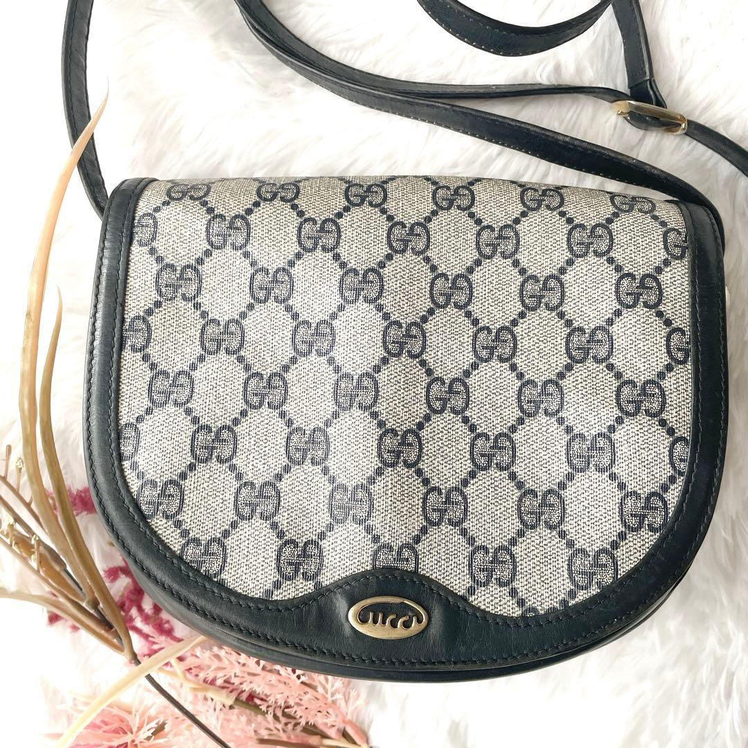 美品⭐︎OLD GUCCI ggシマ ネイビー レザー ロゴ金具 ショルダーバッグ
