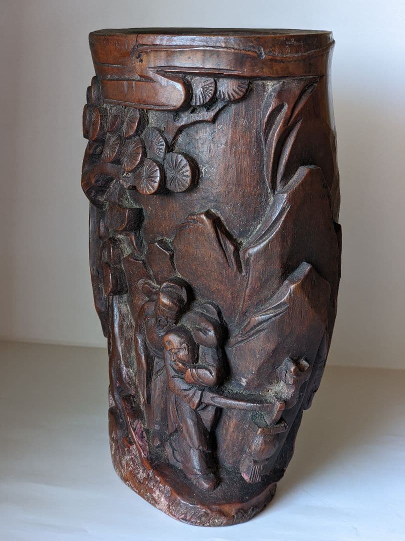 ♦古玩 古美術品 文房四宝 竹根 楼閣山水人物図 筆筒 中国清時代 骨董品書道具