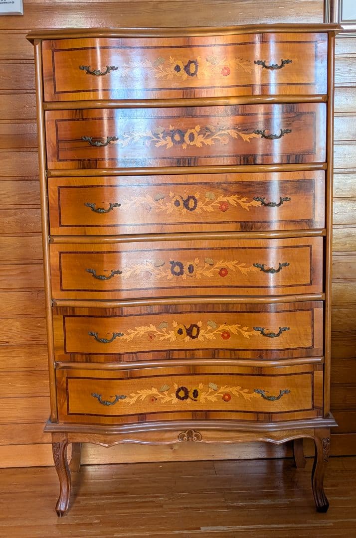 イタリア製 象嵌細工猫足 木製 6段チェスト