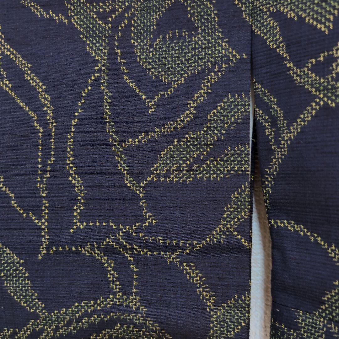 【三花】正絹　十日町紬　紺　薔薇　バラ　着物　リユース