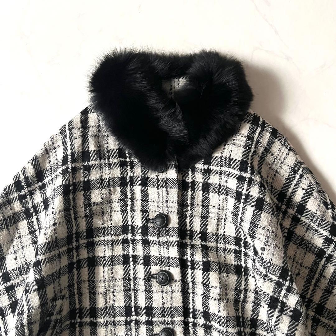 美品 Rene フォックスファー ポンチョ コート ツイード チェック 36毛皮