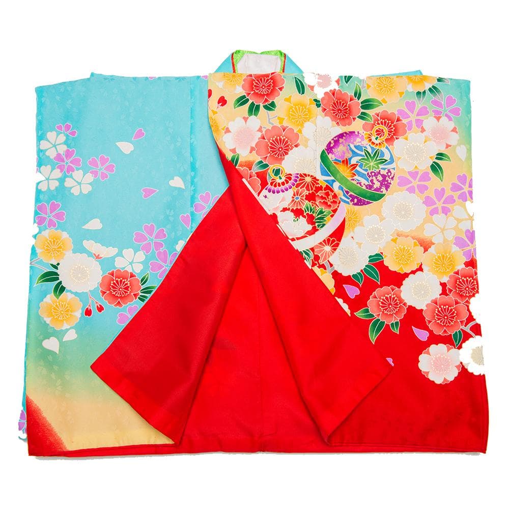 七歳　七五三着物振袖　水色に赤　桜しだれさくらと手毬　+襦袢セット 　美品