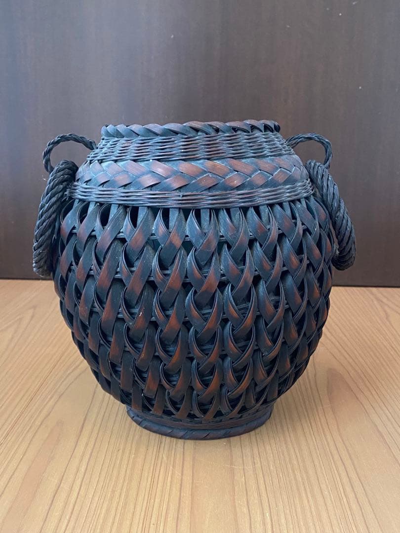 華道具 祥鳳作 遊環付 双耳 竹編花籠