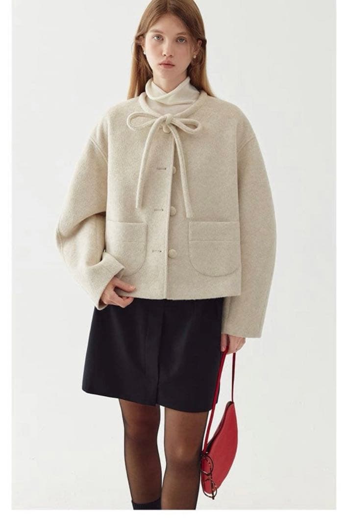 Fano Studios ノーカラージャケット リボンタイ ウールコート