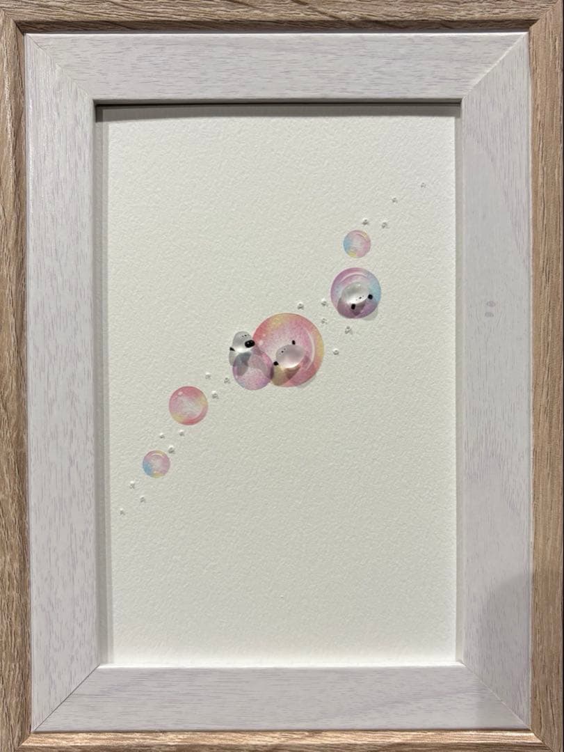 シマエナガ　シャボン玉の旅　。シーグラスアート