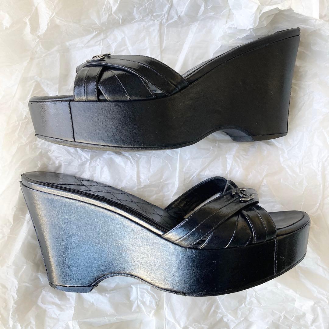 CHANEL/シャネル■ウェッジソール ミュール サンダル ココマーク■黒 36