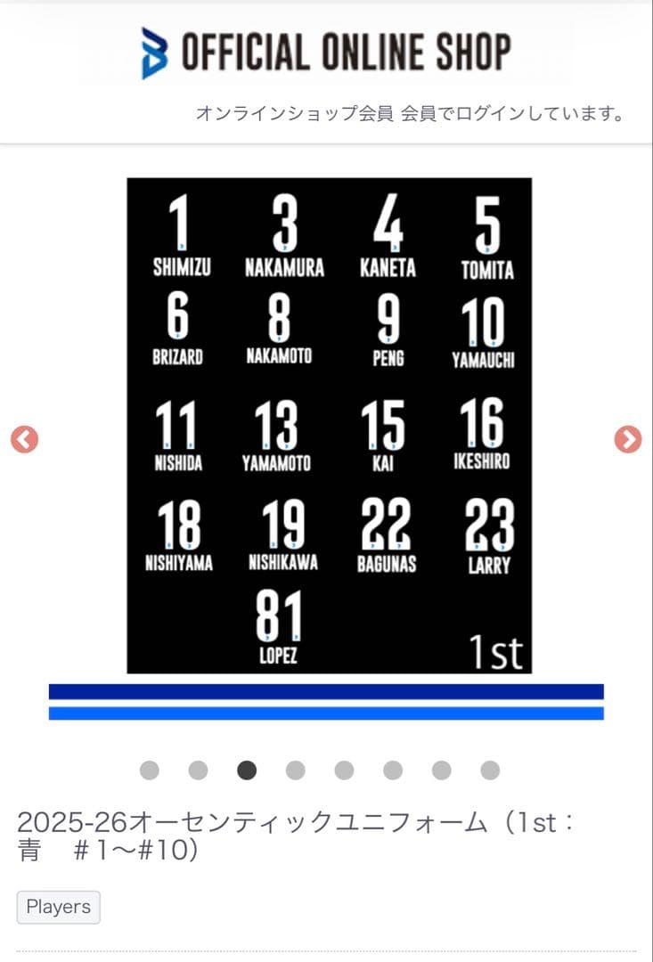 大阪ブルテオン　オーセンティックユニフォーム ブリザール