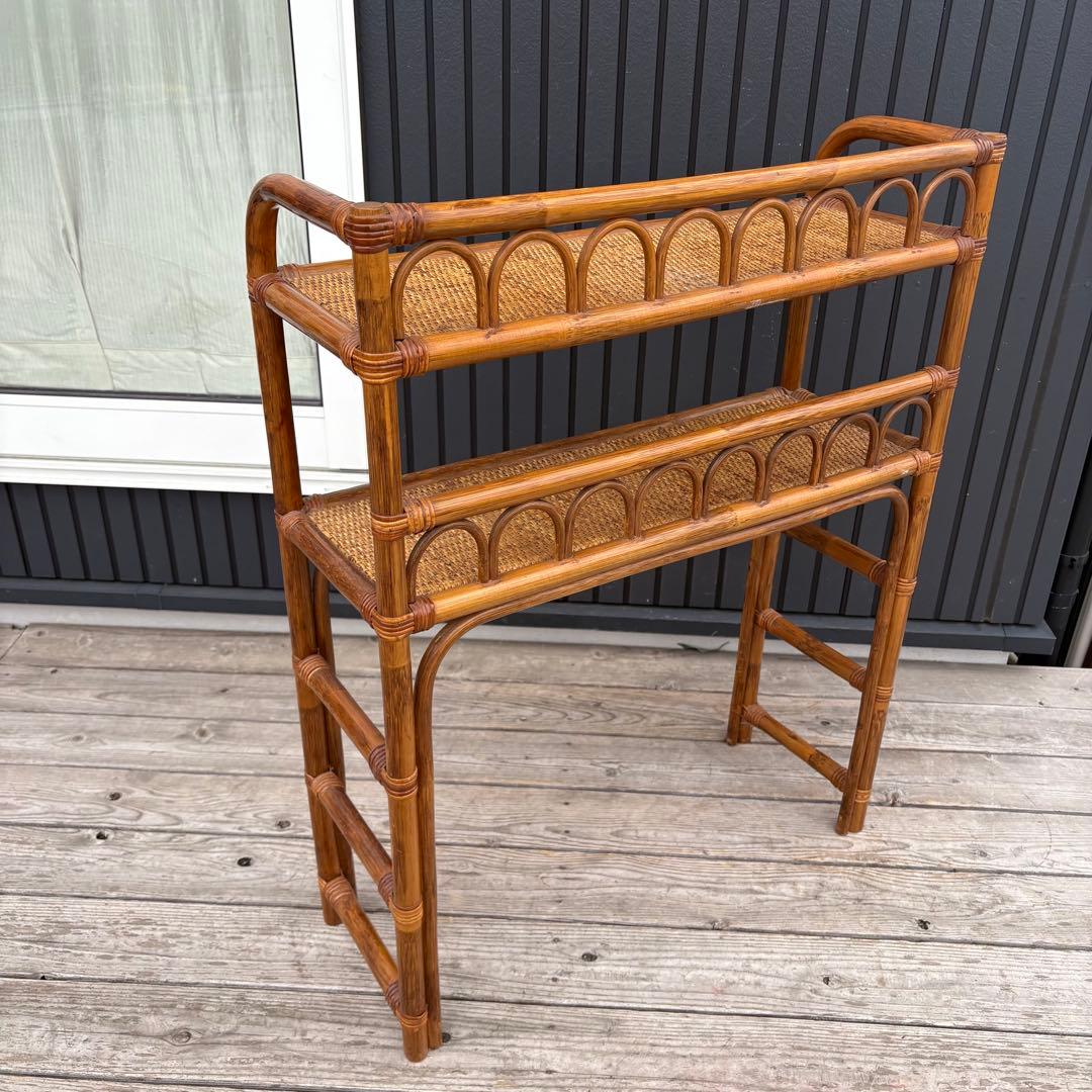 昭和レトロ 籐家具 ラタン 2段オープンシェルフ 飾り棚 フラワーラック 古家具