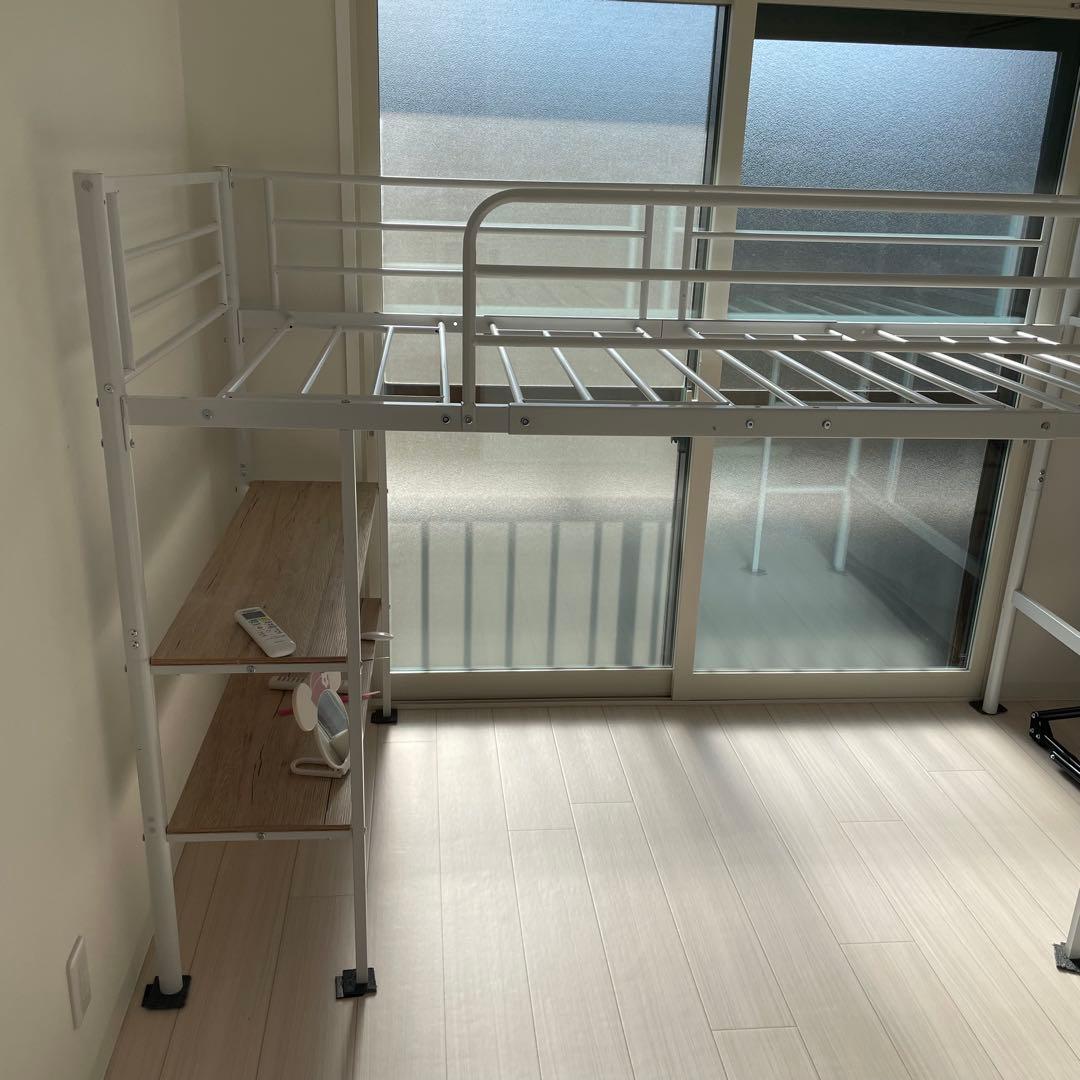 ホワイト ロフトベッド 棚付き シングルサイズ