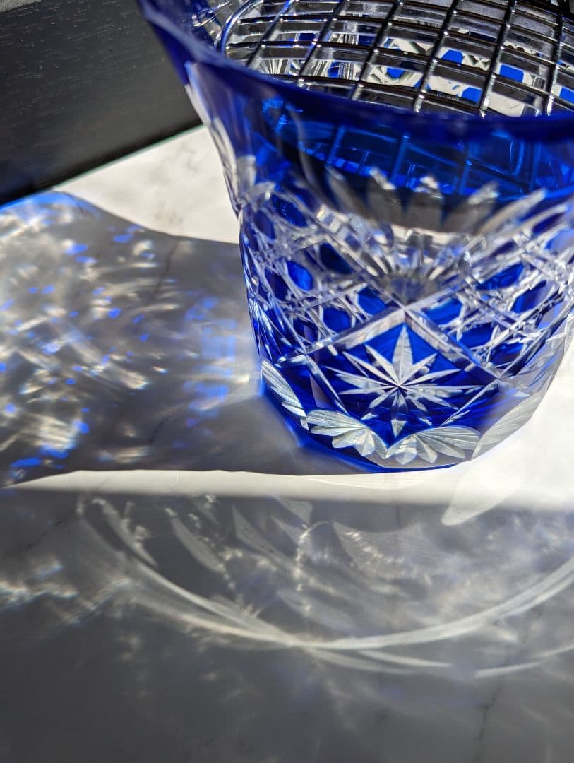 フラワースタンド 創作ガラス 藍色切子 曽根工芸　樋口陽久デザイン