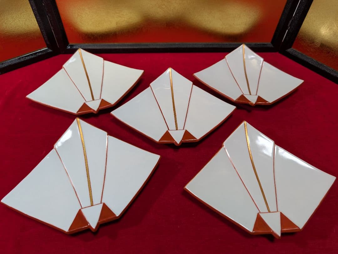 京焼　清水焼　盛皿　向付　 懐石 　脚付　折鶴　共箱入 禎山窯　川尻一寛