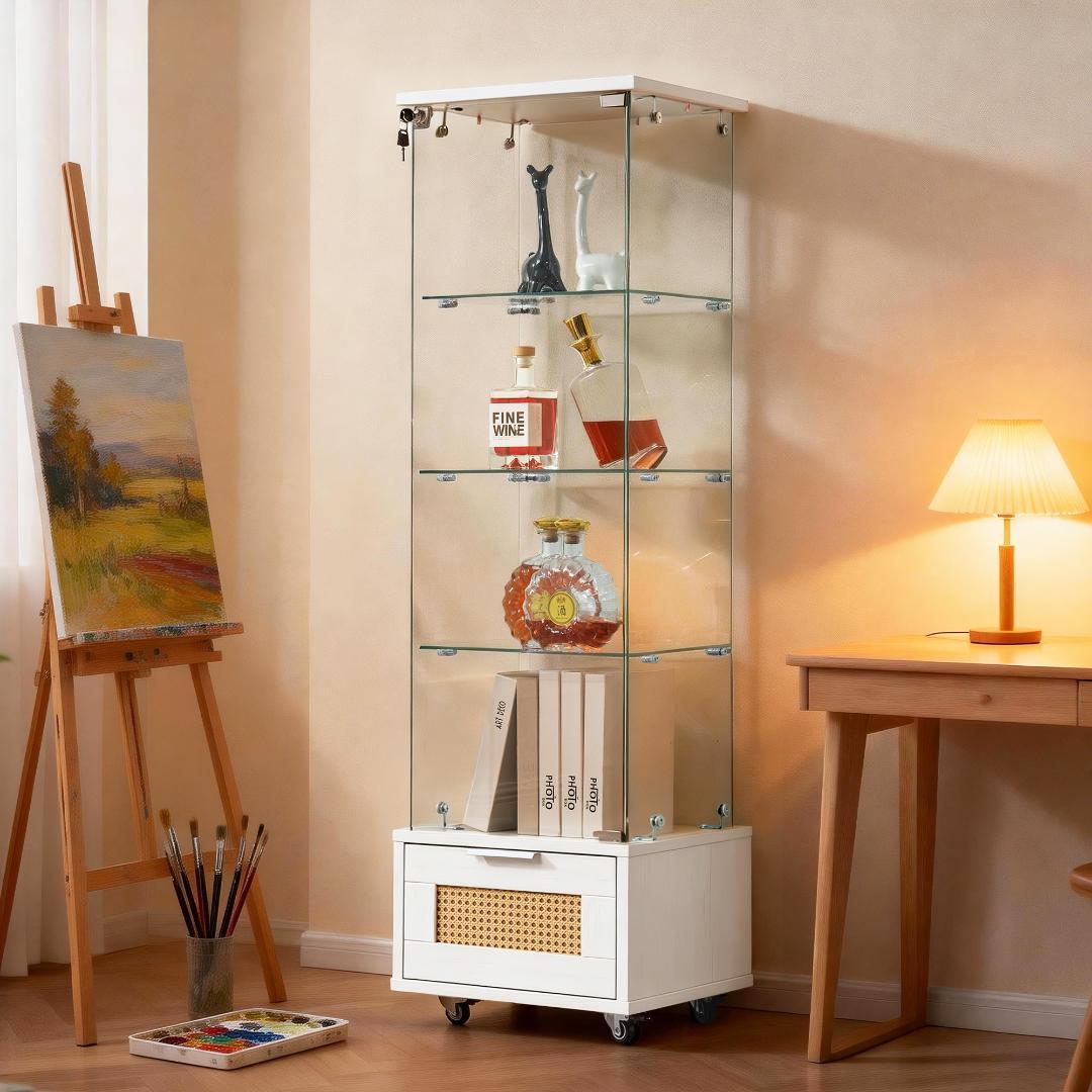 ホワイト コレクションケース 引出し付 幅42.5×奥行36.5×高さ148cm