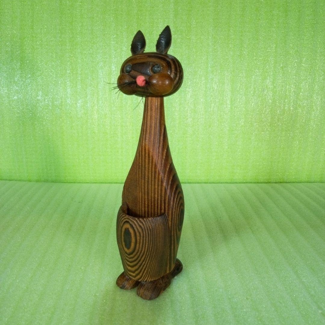 木製　猫型爪楊枝入れ　つまようじ立て　フィギュア　オブジェ　レア　希少