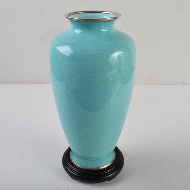 七宝焼　青釉　富士松文　花瓶　唐木台付　共箱　M　R9509