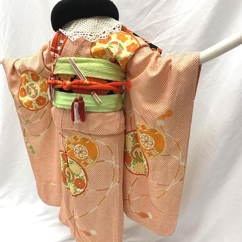 410ag120□七五三 七歳 女児 着物&袋帯&長襦袢 金駒刺繍□状態良好