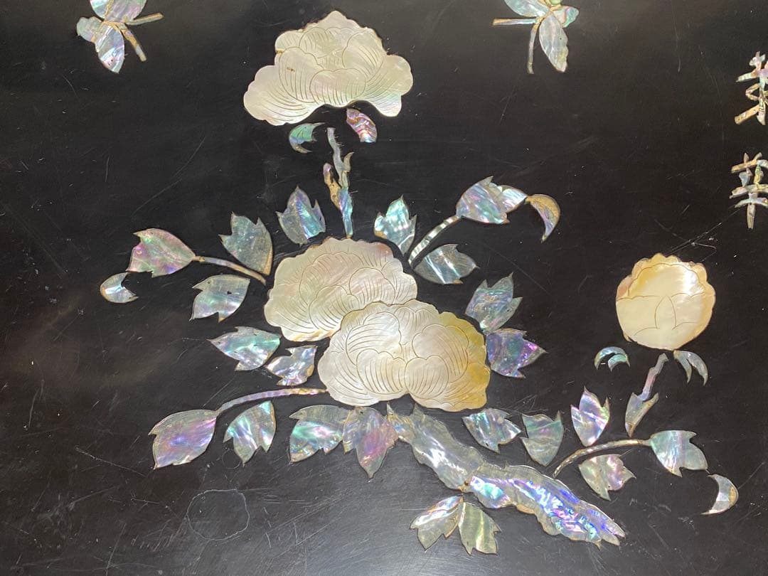 ♦中国清時代 花 蝶 柘榴 富貴 吉祥文 螺鈿細工 輪花 四方足 花台 骨董品