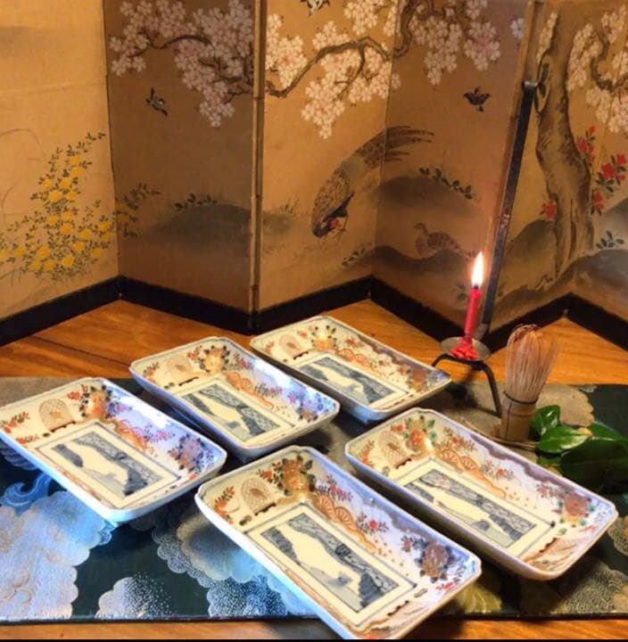 A500 古伊万里　染錦手　籠に鳥　水車草花紋様　隅切長皿　5枚