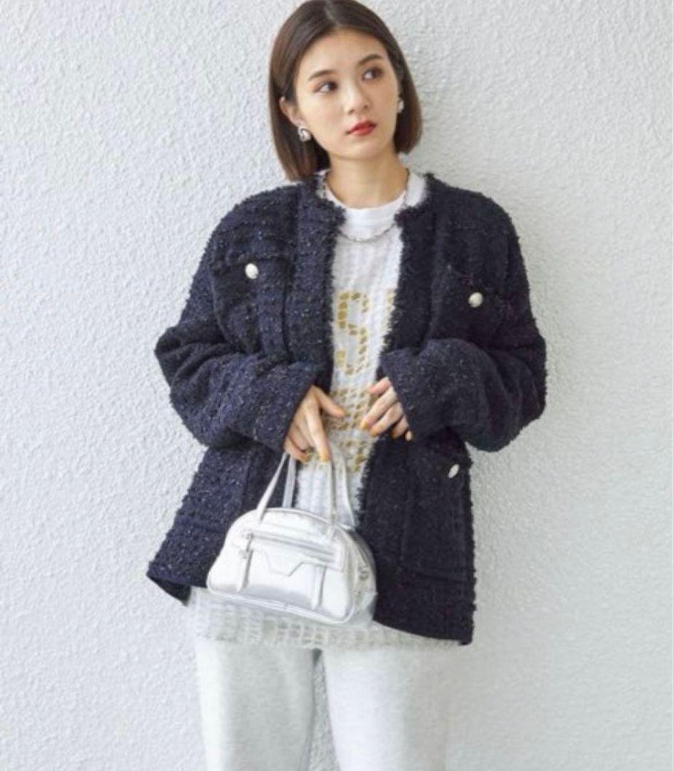 SHIPS〈手洗い可能〉ニット ツイード クルーネック カーディガン　ネイビー