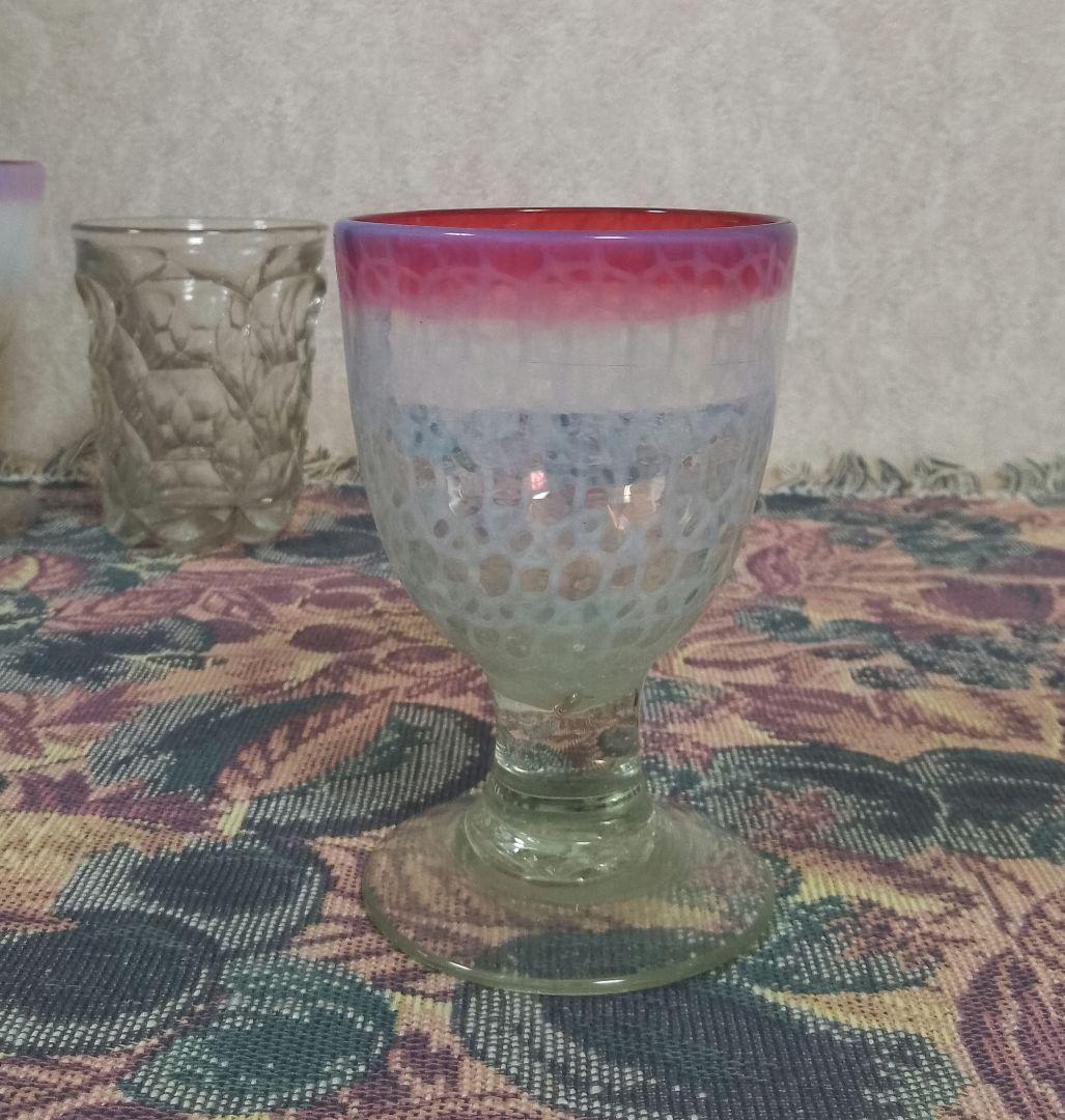 大正時代 乳白赤縁 輪つなぎ文様 なつめ型 太脚 氷コップ