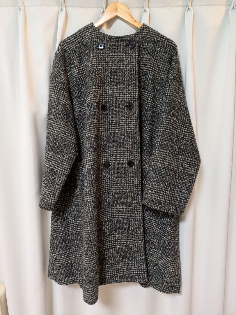 値下げ　Spick&Span　Wスライバーノーカラーチェックポンチョコート　38