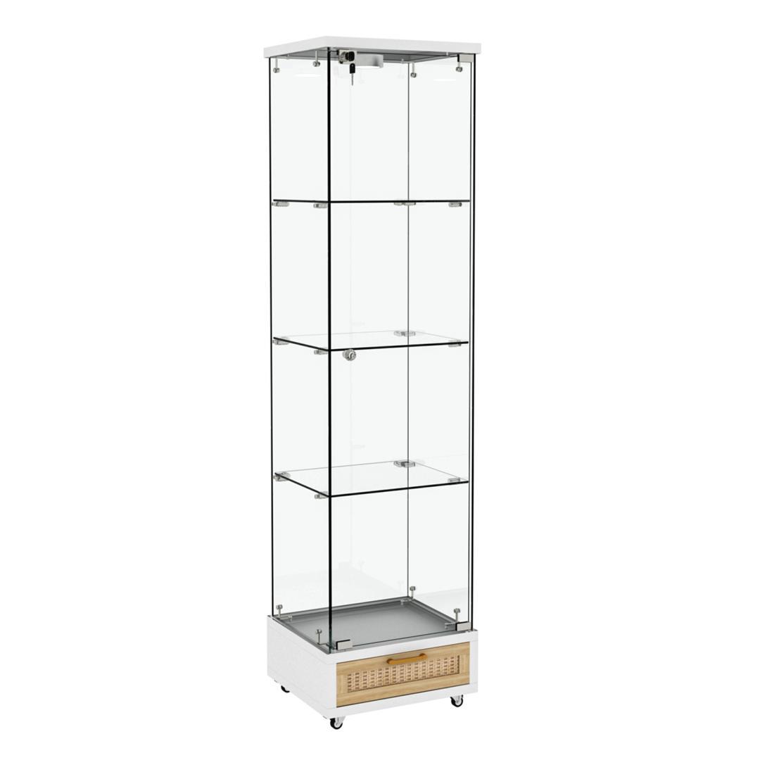 LED照明＆引き出し付き ガラスディスプレイキャビネット 鍵付き強化ガラス収納