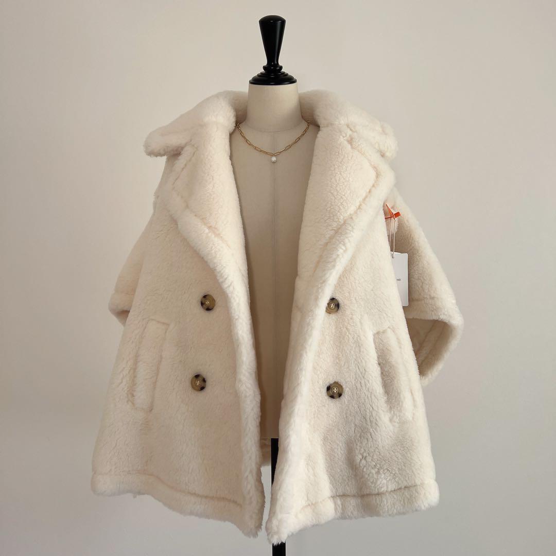 新品未使用 ベアテーラードポンチョアルパカ素材 ホワイト　テディケープ