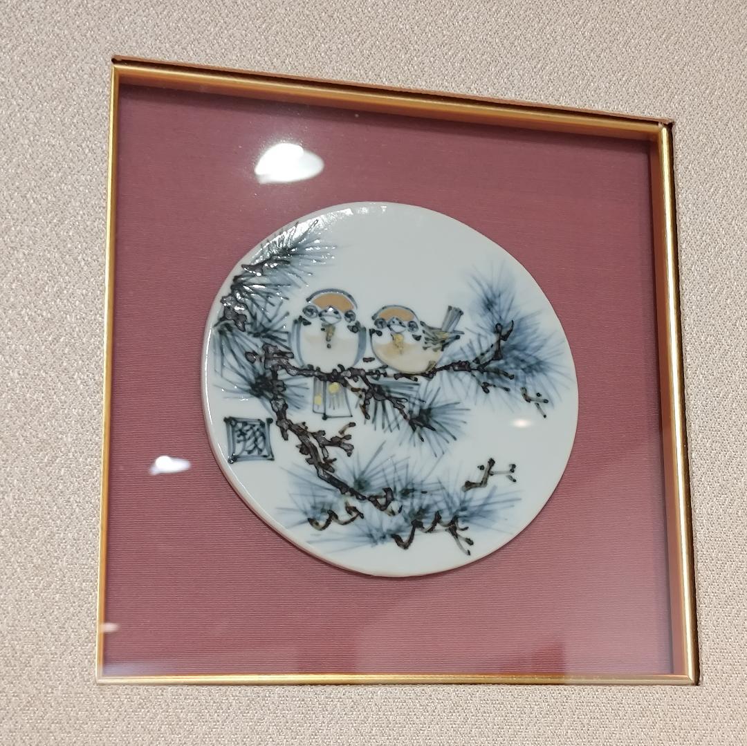 再値下げ【新品・未使用】陶板掛軸　染付雀　清水焼　インテリア　貴重品