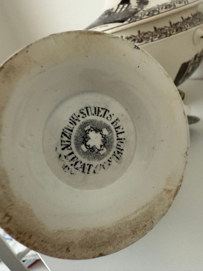 アンティーク　カフェティエール　ファイアンスフィーヌ　クリームウエア　グリザイユ