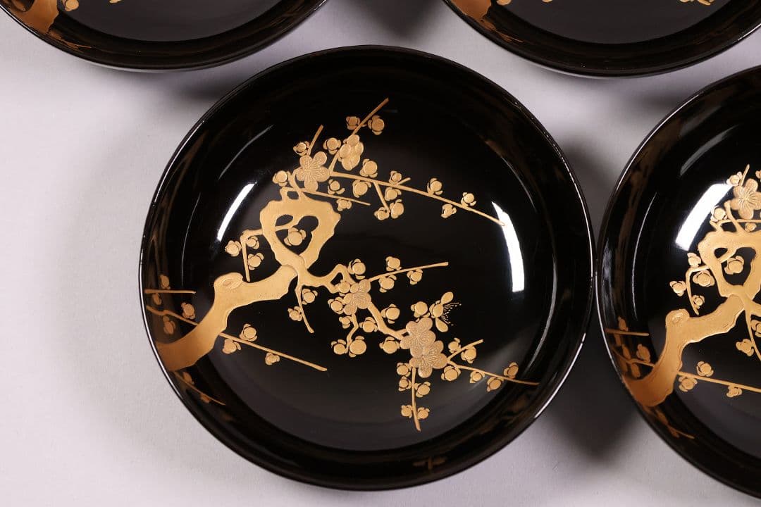 【CM233】古い木皿 五客 梅 金蒔絵 黒塗 小皿 菓子皿 木製漆器 大正昭和