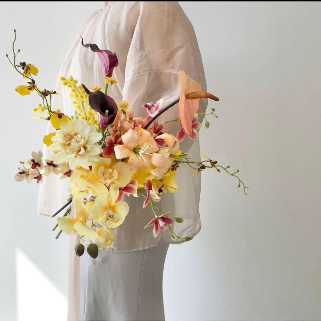 結婚式ブーケ　イエロー　(ブートニア付き) アーティフィシャルブーケ