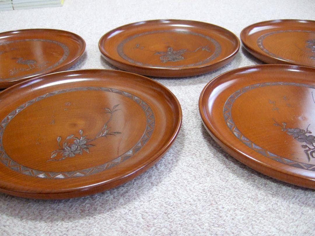 木製彫刻 お盆 丸盆 直径28cm 5枚組