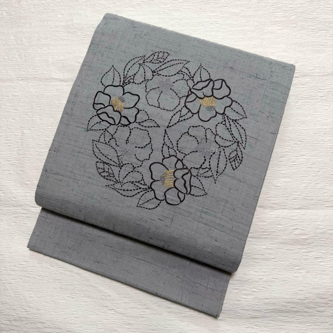 m-109 刺し子 刺繍　紬　花 名古屋帯 正絹