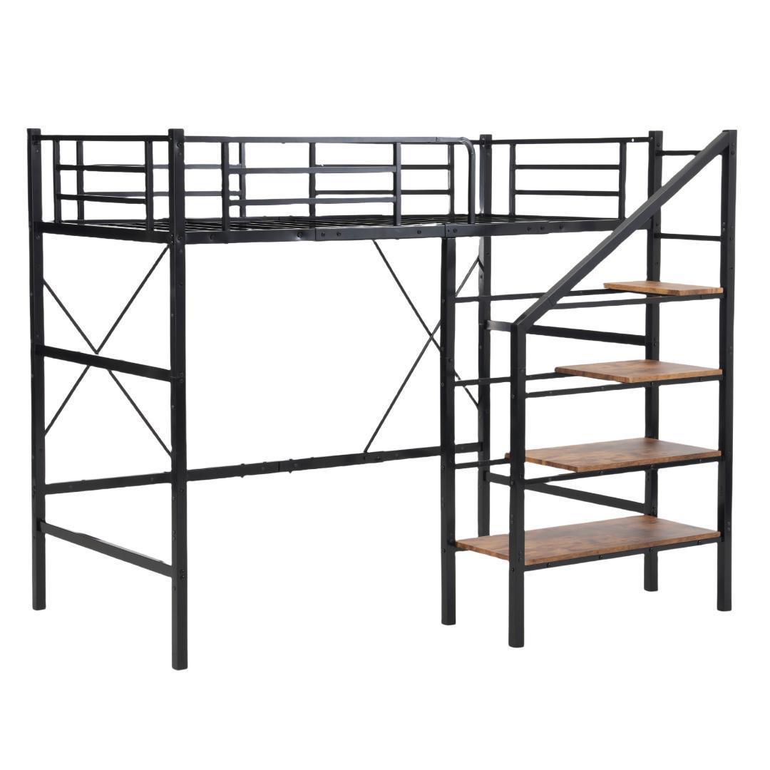 ロフトベッド 階段付き シングル パイプベッド コンセント付き 収納スチール耐震