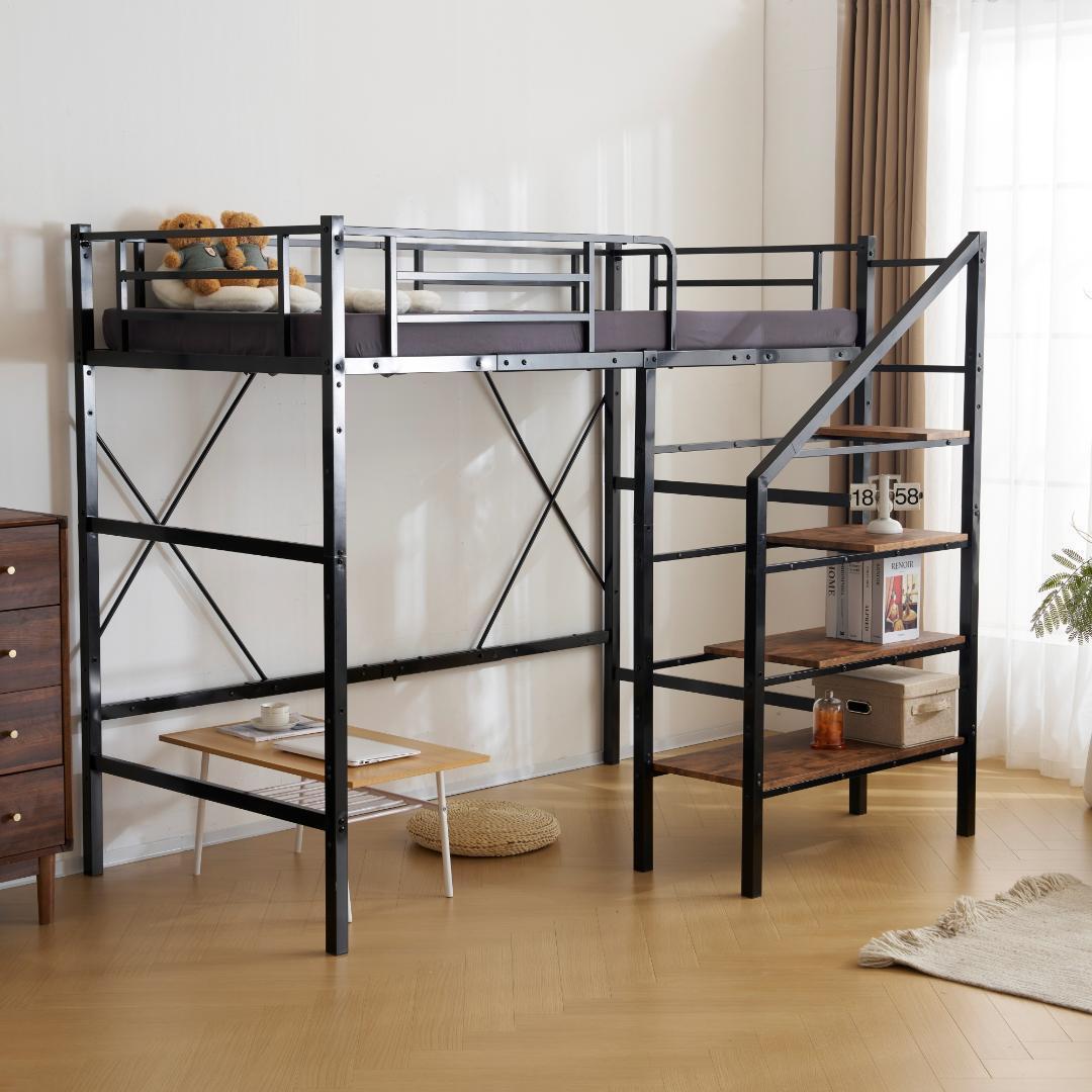 ロフトベッド 階段付き シングル パイプベッド コンセント付き 収納スチール耐震