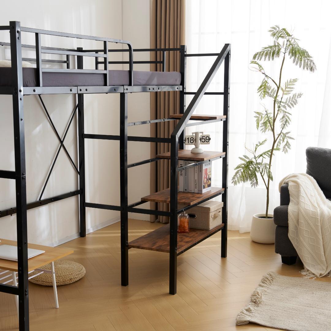 ロフトベッド 階段付き シングル パイプベッド コンセント付き 収納スチール耐震