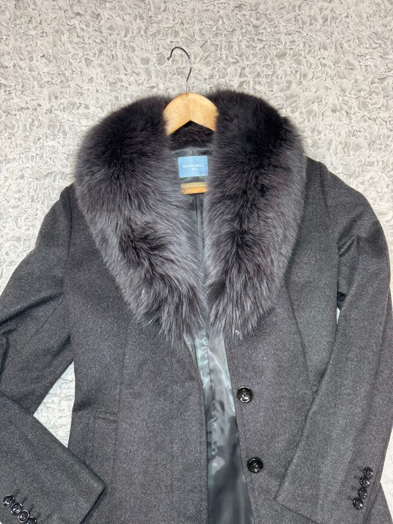 高級✨カシミヤ100% ファー付 ブラック ロングコート 大きめサイズ XL