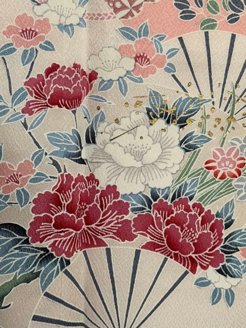 訪問着フルセット、扇面、流水、牡丹と四季の花　グラデーション　しつけ付き未使用品