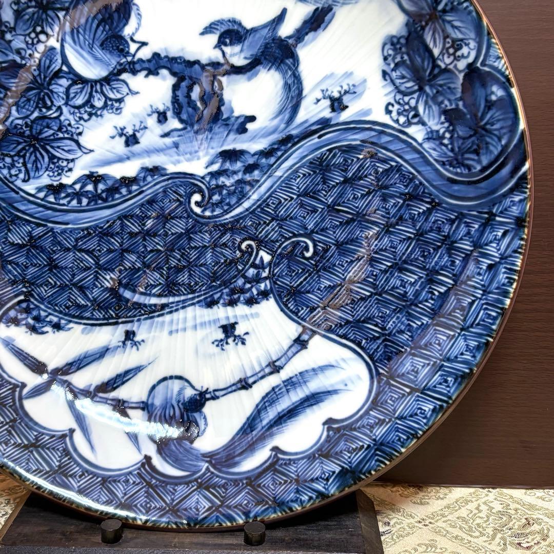 希少✨未使用保管✨京焼 清水焼 加藤利昌 青華祥瑞花鳥 10号皿 箱入✨飾皿 皿