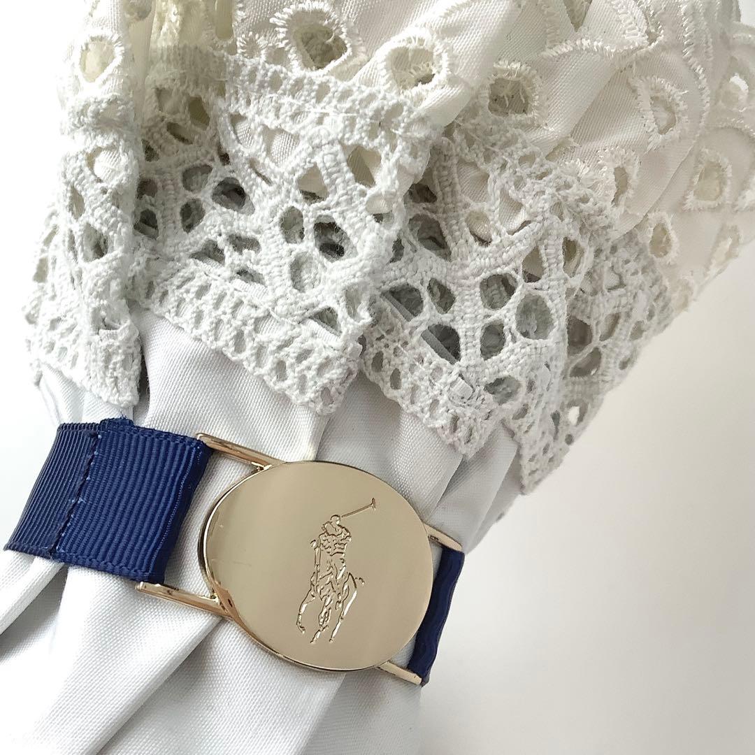 新品★ポロラルフローレン★エンブロイダリーフリル晴雨兼用2段折りたたみ傘日傘★白