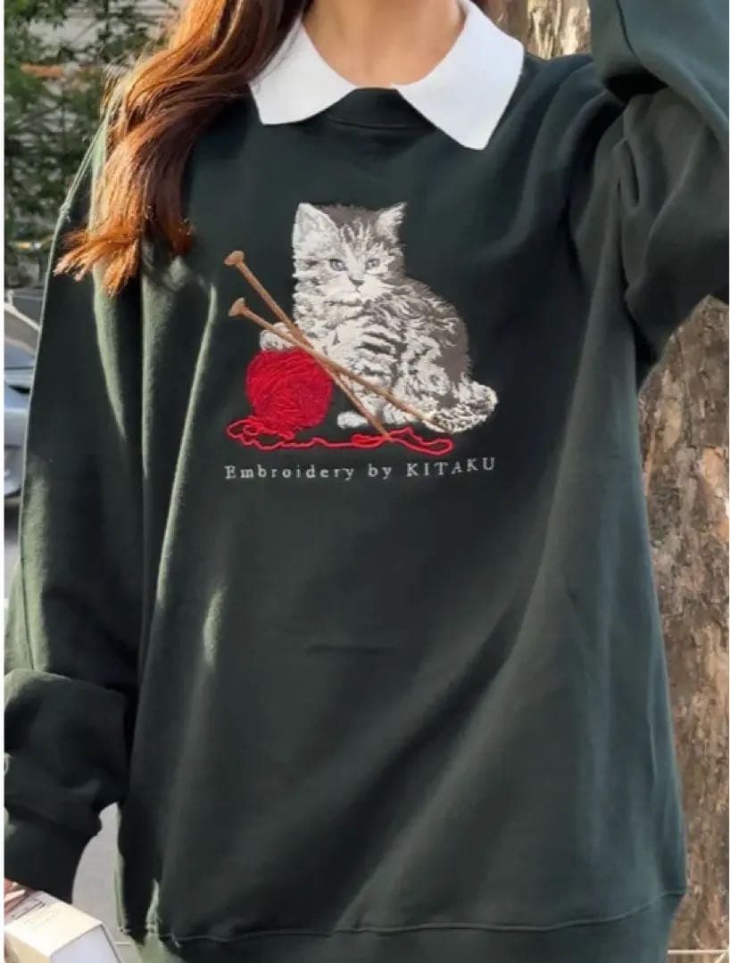 ほのぼの様　新品未使用　北区の刺しゅう屋　猫と刺繍　Sサイズ グリーン