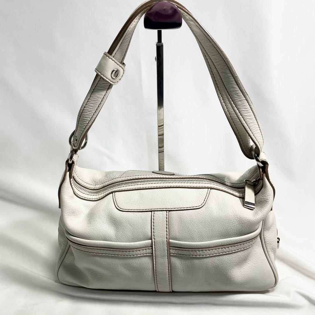 トッズ アクセサリーポーチ レザー ロゴ 型押し 多機能 大容量 手さげ 白